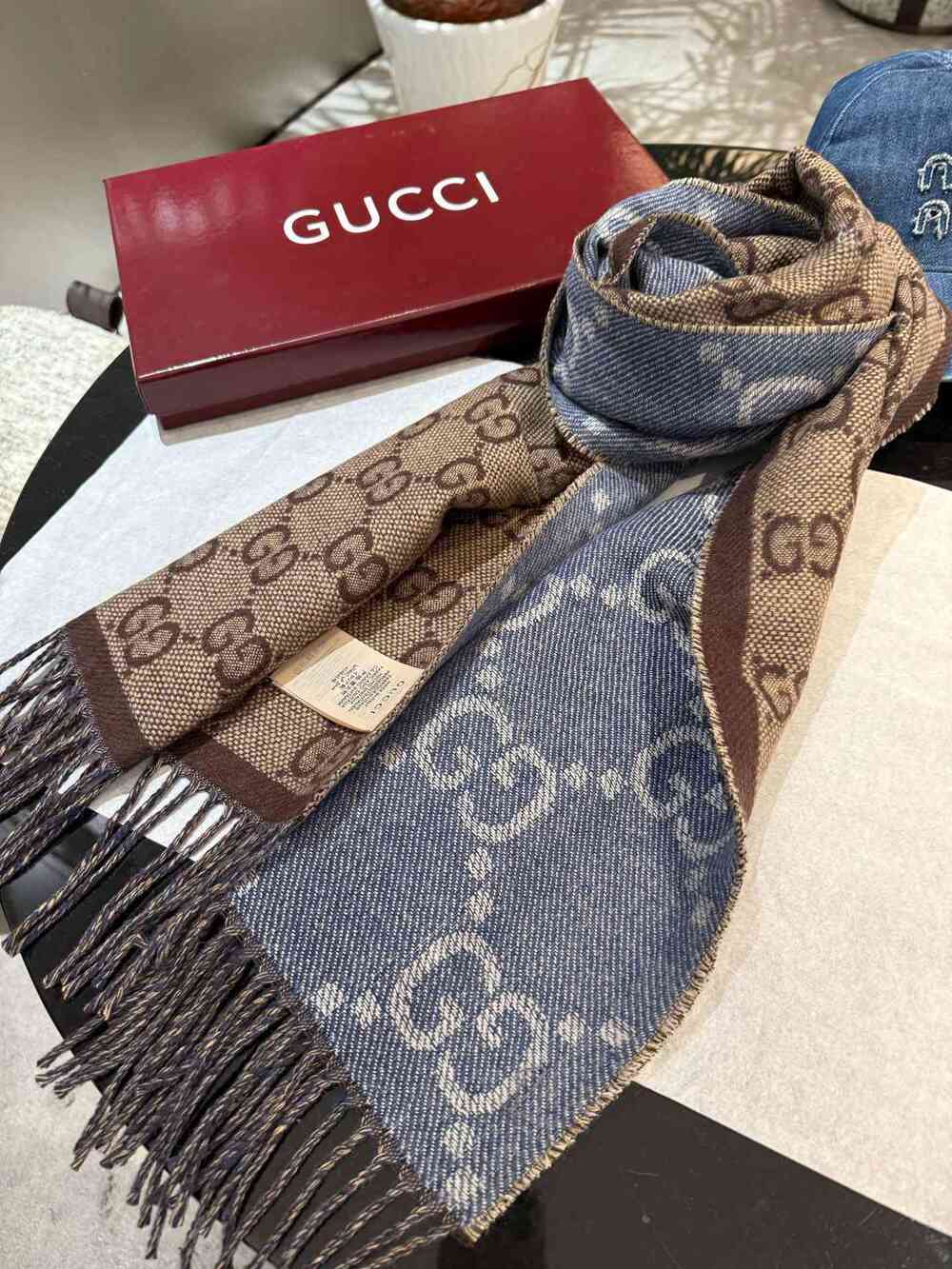 Gucci Denim & Brown GG Monogram Reversible Scarf